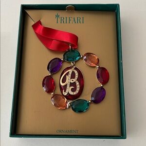Trifari Christmas Ornament Red Ribbon Box holiday gift monogram B